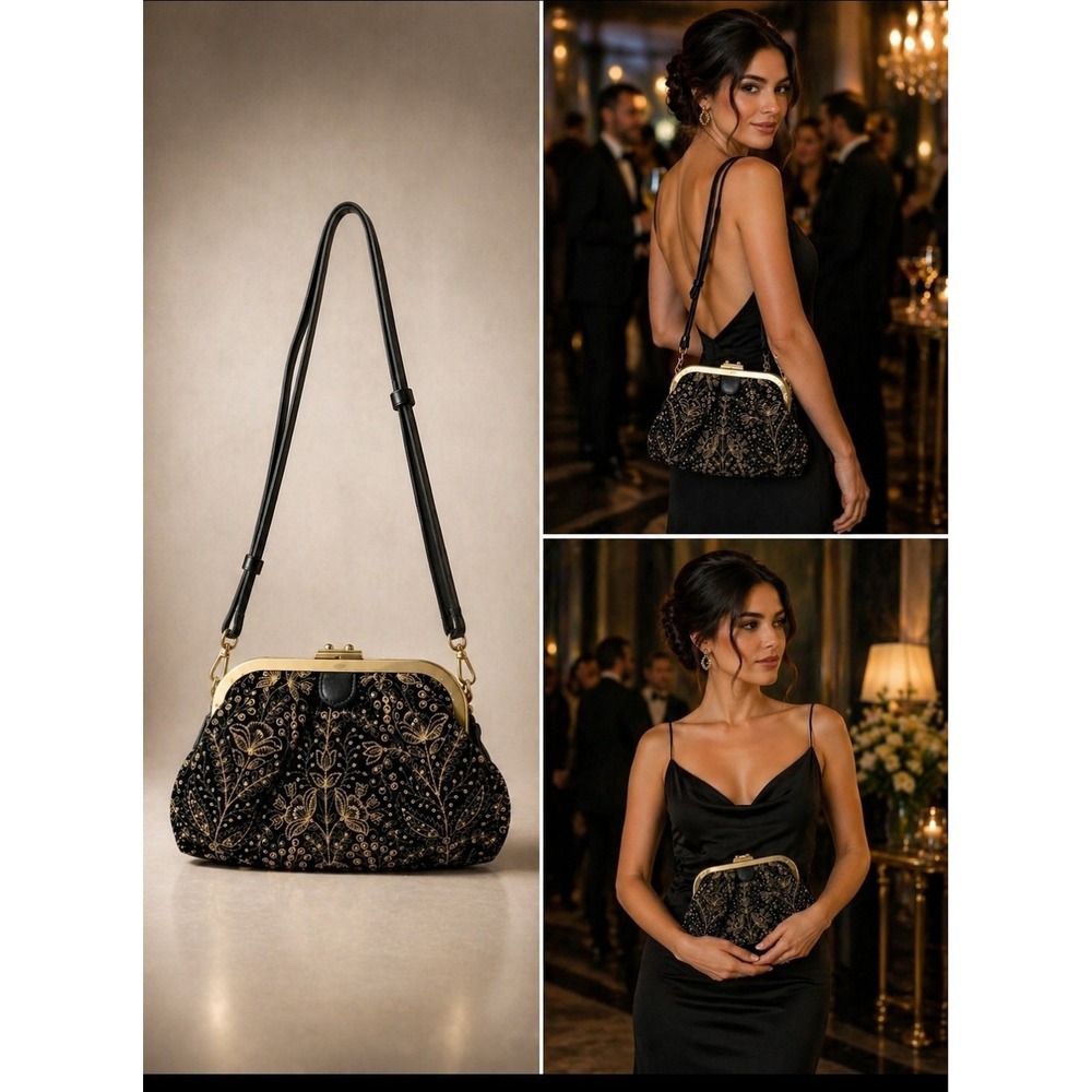 NWT Patricia Nash Verbania Velvet Push Lock Bag Crossbody Clutch Black Gold
